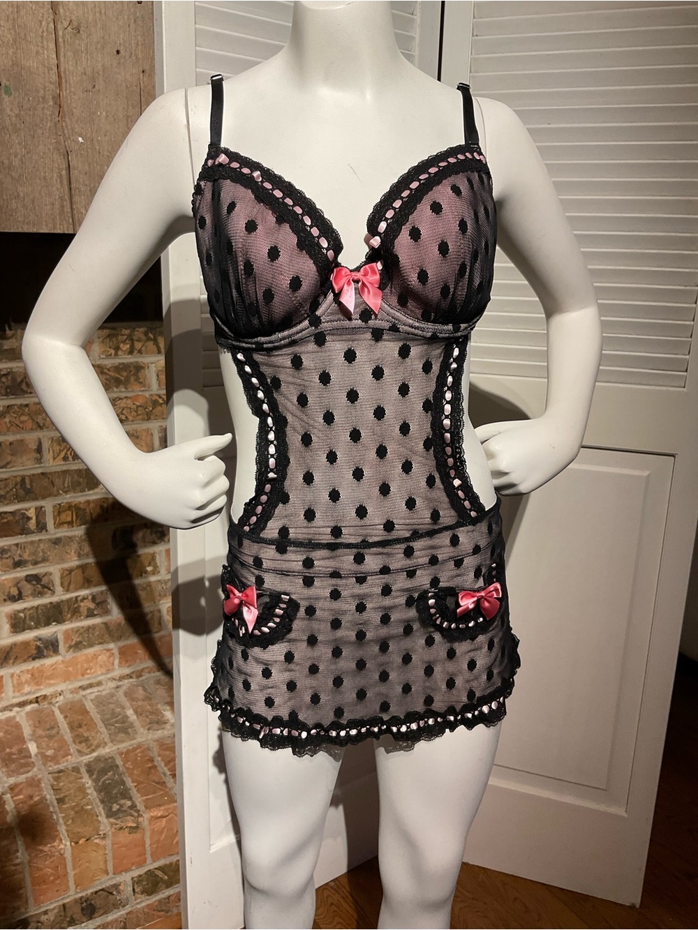 Victoria's Secret Black Mesh Polka Dot apron size 36D Y2K lingerie sexy